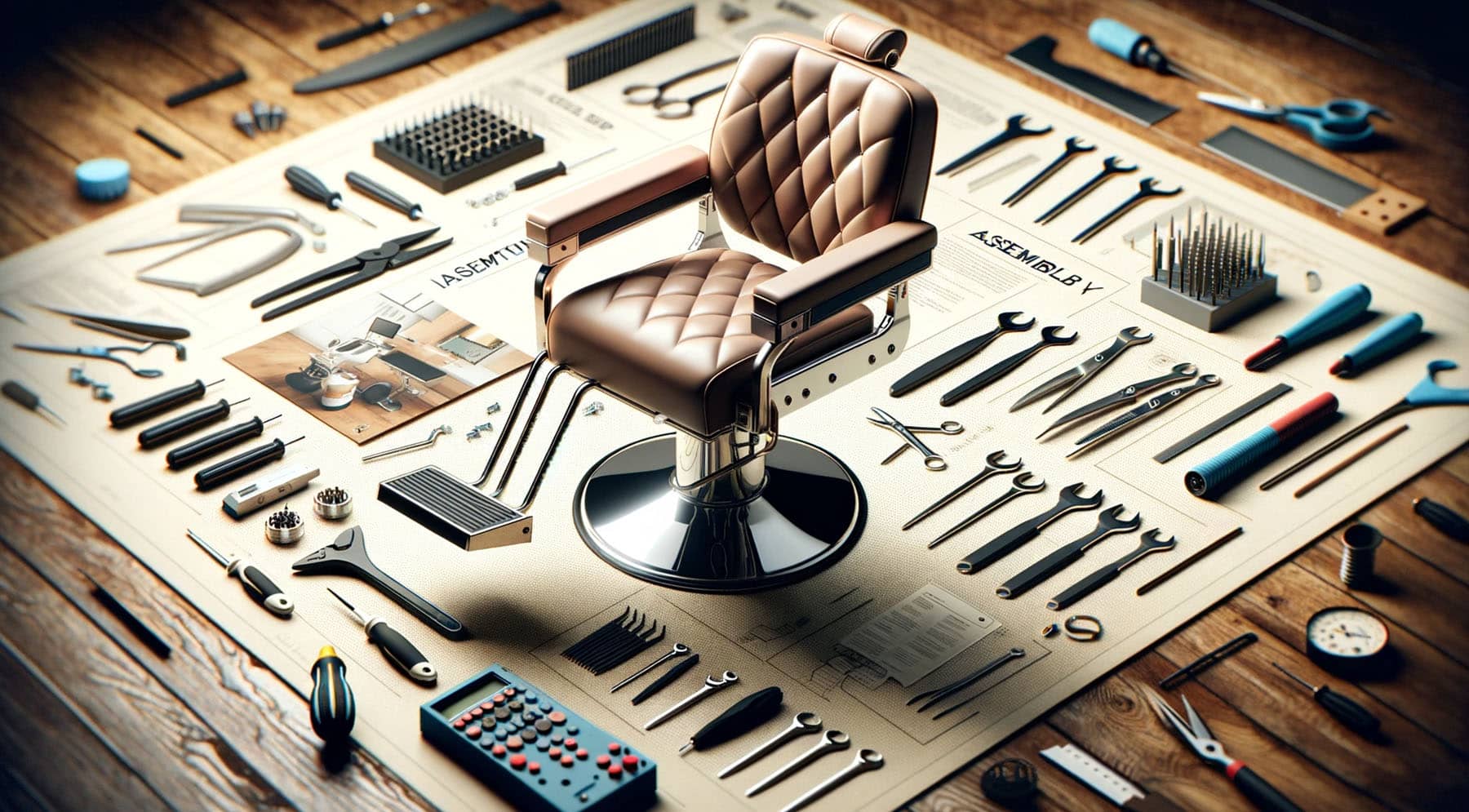 Modern barber chair assembly with tools and manual on wooden workspace, symbolizing DIY setup for professionals.