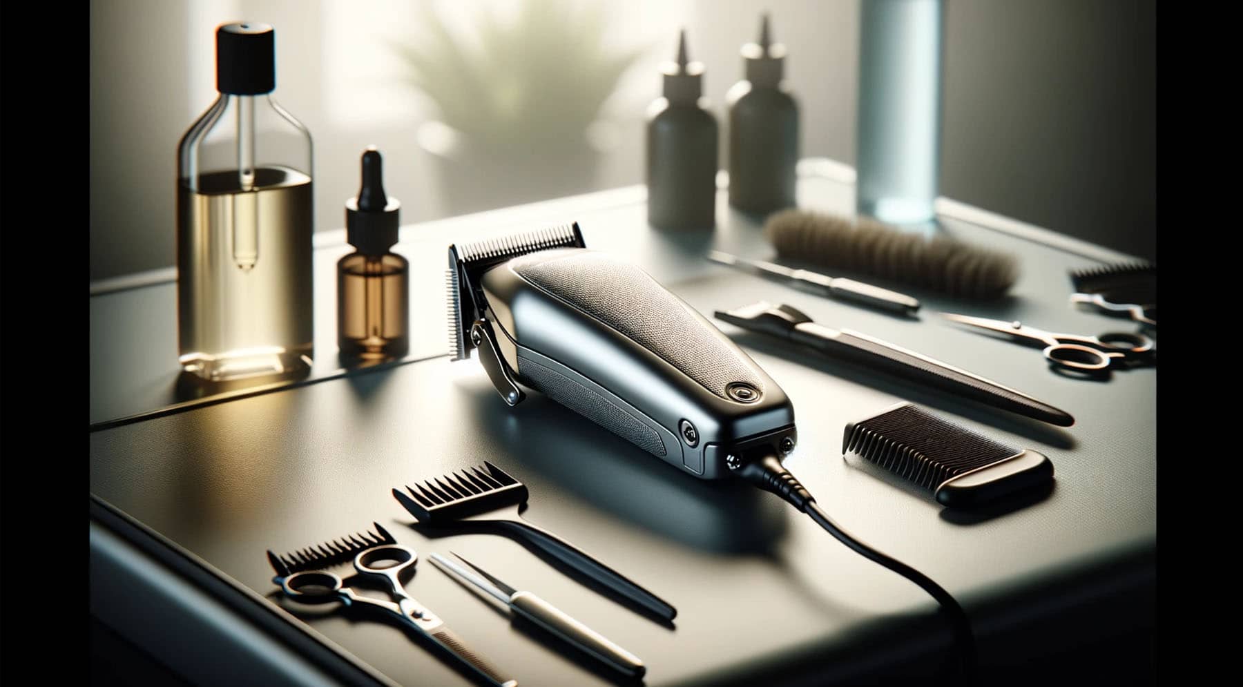 Quiet hair clippers and maintenance tools on a barber's workstation