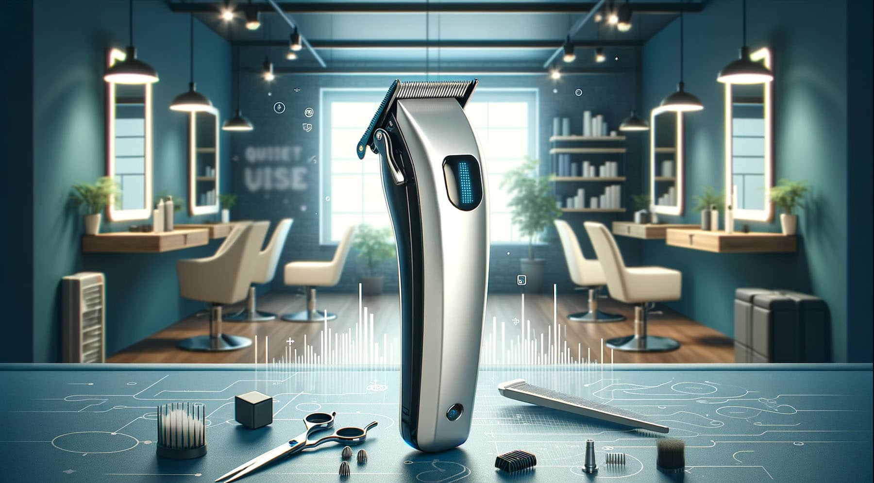A sleek, modern hair clipper on a tranquil salon background, symbolizing quiet operation and precision in hair grooming