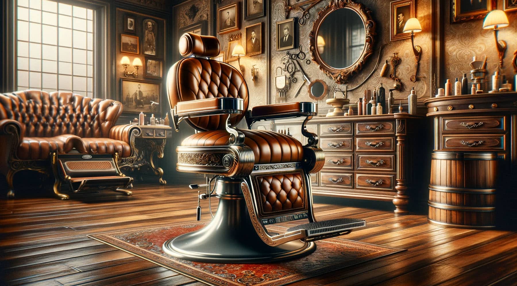 Vintage barber chair in classic barbershop setting, highlighting craftsmanship and timeless elegance of antique Belmont, Emil J Paidar, and Koken chairs.